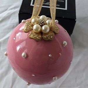 Rare Toni Livingston Collection Large Pink Glass Christmas Ornament Pearls Gold